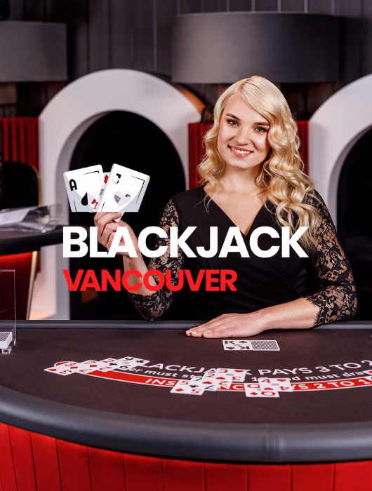Croupière blonde en noir tenant deux cartes à une table de blackjack, jeu en direct Blackjack Vancouver