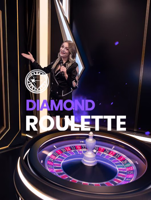 Croupière au micro devant une roue de roulette lumineuse, jeu en direct Diamond Roulette