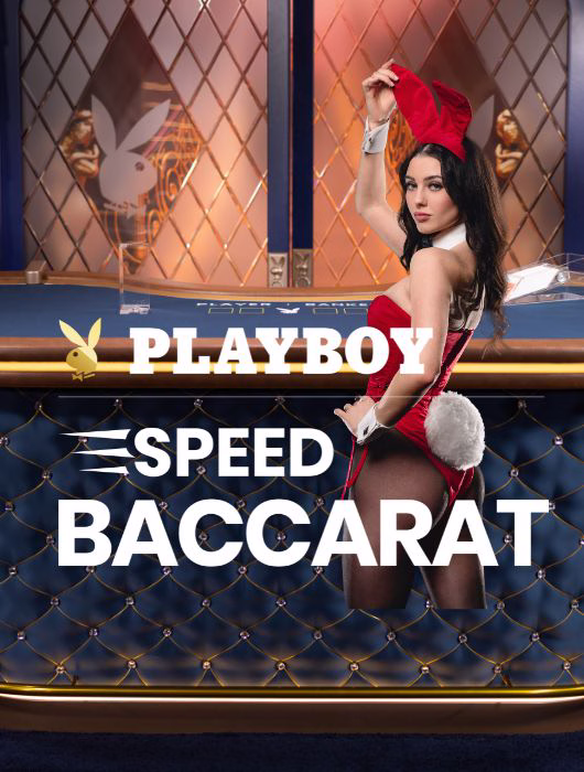 Croupière en tenue de scène à une table de baccarat aux couleurs Playboy, jeu en direct Playboy Speed Baccarat