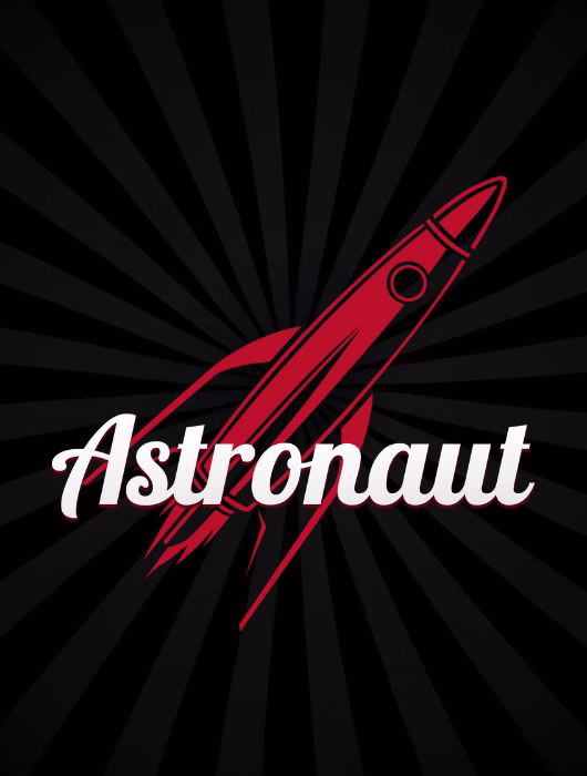 Fusée rouge stylisée sur fond noir rayonnant, vignette du jeu Astronaut