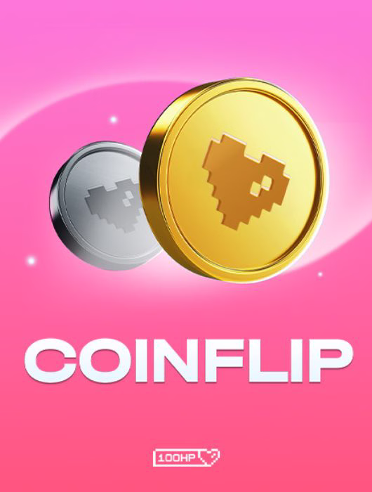 Pièces argentée et dorée à motif de cœur pixélisé sur fond rose, vignette du jeu Coinflip